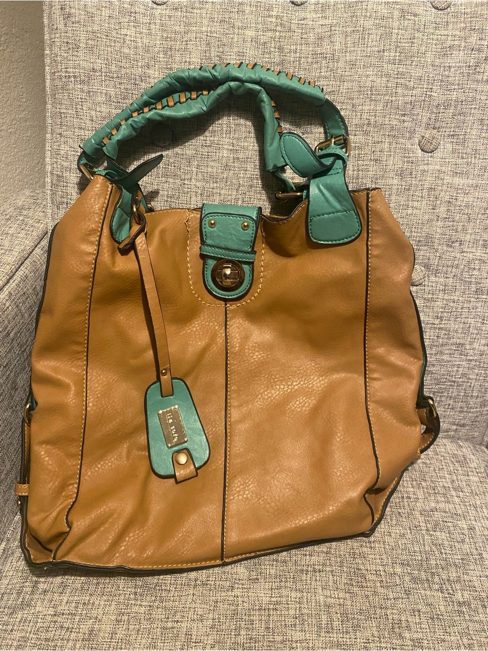 Two-Tone Tan and Teal Women’s Tote Bag by Liz Soto Large storage compartments
